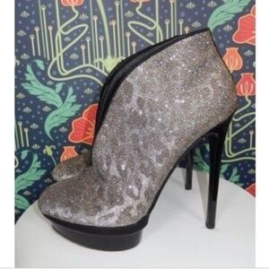 Brian Atwood Stiletto Platform Leopard Bootie Silver Gold Fortosa Heels Shoes